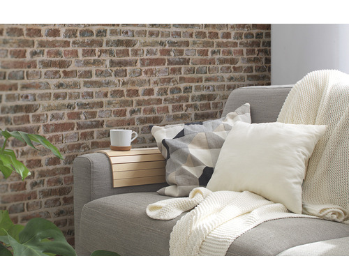 Cameră de zi cu canapea, perne, pătură și perete cu aspect de cărămidă