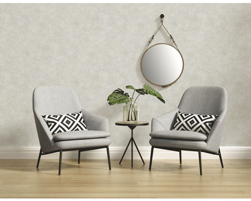 Cameră de zi cu două fotolii, măsuță laterală, oglindă și plantă de interior