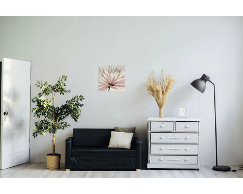 Living cu canapea, comodă, lampadar, plantă de interior și tablou de perete cu motiv floral
