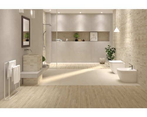 Baie luminoasă cu duș, chiuvetă, toaletă și bideu