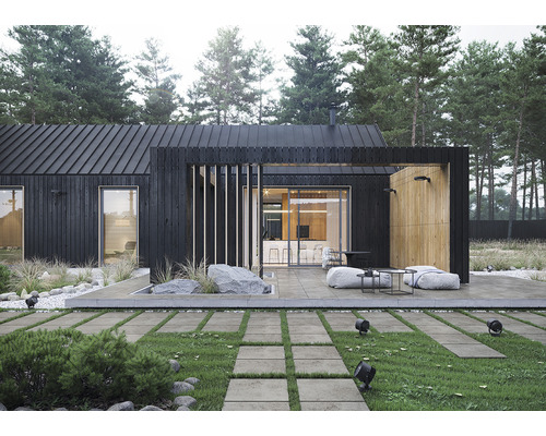 Casă modernă cu fațadă din lemn închis la culoare, terasă cu alee de grădină și iluminat exterior.