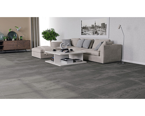 Cameră de zi cu gresie gri, canapea și măsuță de cafea