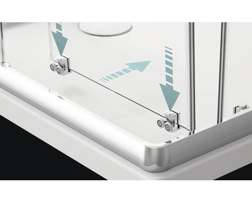 Imagine detaliată a unei cabine de duș cu funcție de ușă glisantă prin role