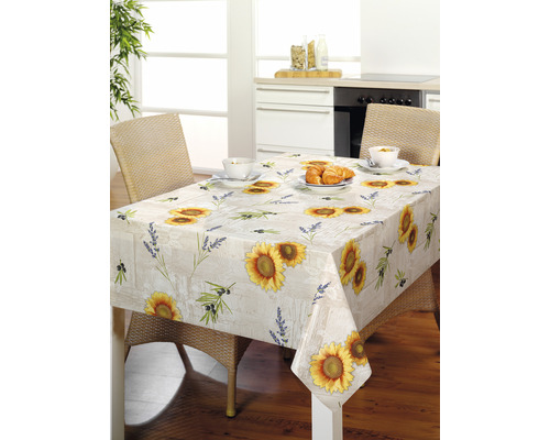 Masa de sufragerie cu față de masă din pânză cerată cu model de floarea-soarelui și lavandă