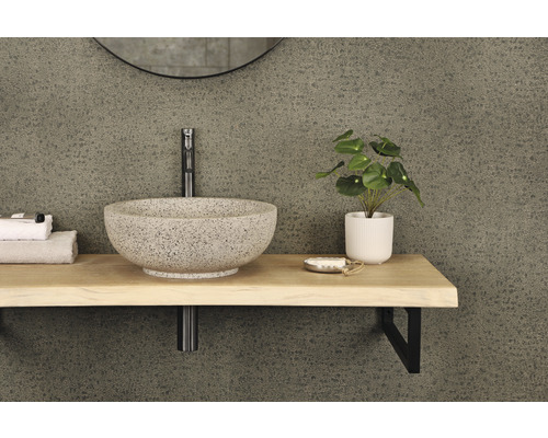 Blat de lavoar pentru baie cu lavoar așezat pe blat, baterie, raft și decorațiuni