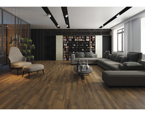 Living cu canapea, fotoliu, bibliotecă și podea din lemn