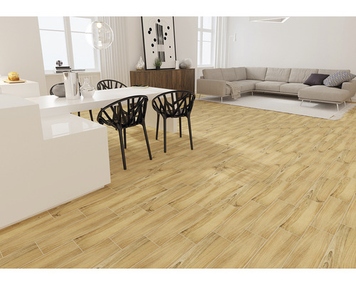 Cameră de zi luminoasă cu gresie cu aspect de lemn, masă de sufragerie și scaune.