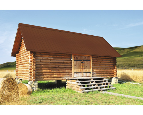 Cabana din lemn cu acoperiș metalic maro în stil rustic