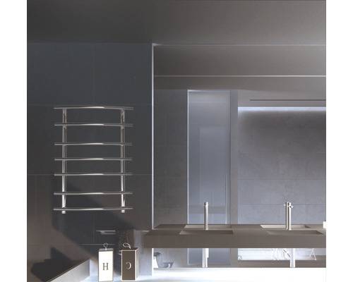 Baie modernă cu radiator pentru prosoape și chiuvetă dublă