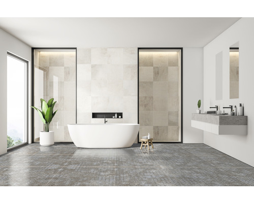 Baie modernă cu cadă, lavoar și gresie