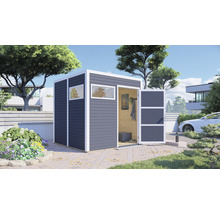 Cabină de grădină modernă cu fereastră și ușă deschisă într-o grădină.
