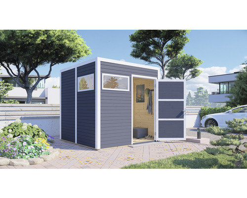 Cabină de grădină modernă cu fereastră și ușă deschisă într-o grădină.