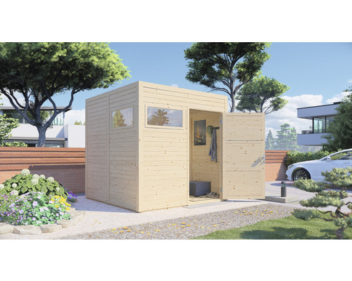 Cabină de grădină din lemn cu fereastră și ușă deschisă în grădină