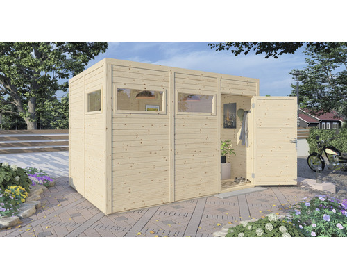 Cabină de grădină din lemn cu ferestre și ușă deschisă pe o suprafață pavată