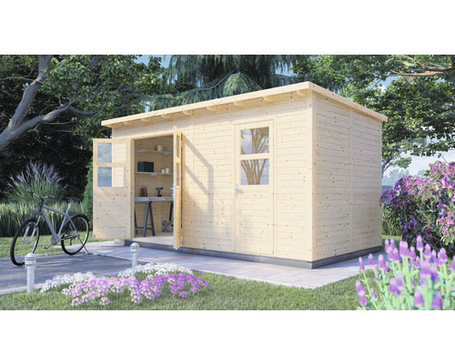 Cabină de grădină din lemn cu ușă dublă deschisă și fereastră