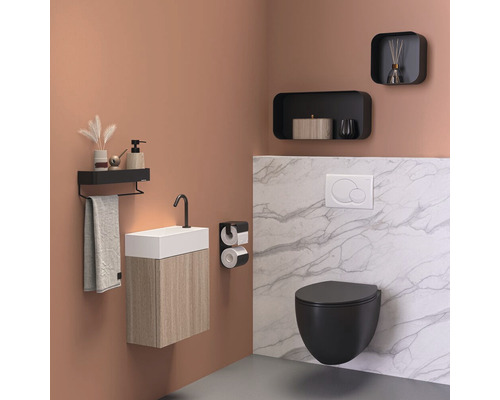 Baie cu chiuvetă, toaletă și spații de depozitare