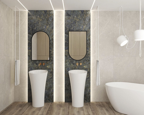 Baie luminoasă cu două chiuvete, oglinzi, cadă și iluminare