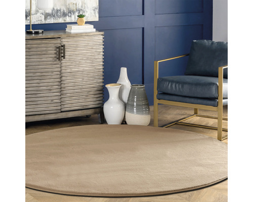 Vedere interioară cu covor rotund, dulap, fotolii și vaze decorative