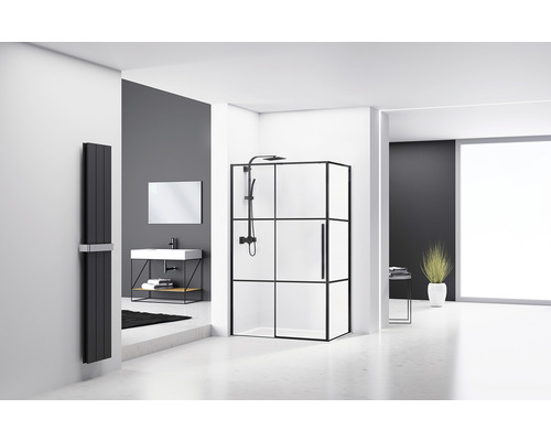 Baie modernă cu cabină de duș, chiuvetă și calorifer