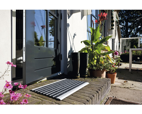 Covoraș de intrare în fața unei uși de intrare cu plante și cizme de cauciuc