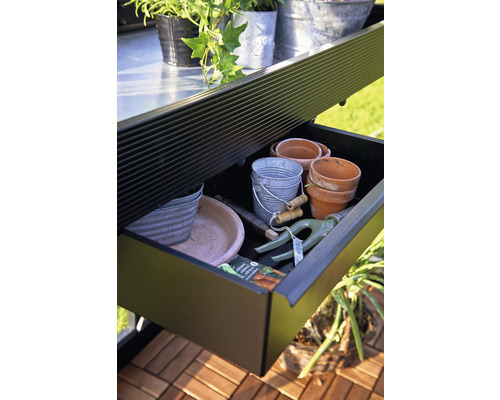 Sertar deschis cu unelte de grădinărit și ghivece de flori