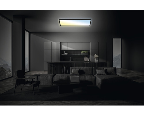 Plafonieră cu LED integrat Slim 23W 3000 lumeni 2700-6500K, cu telecomandă, negru Cameră de zi cu chicinetă și plafonieră dreptunghiulară