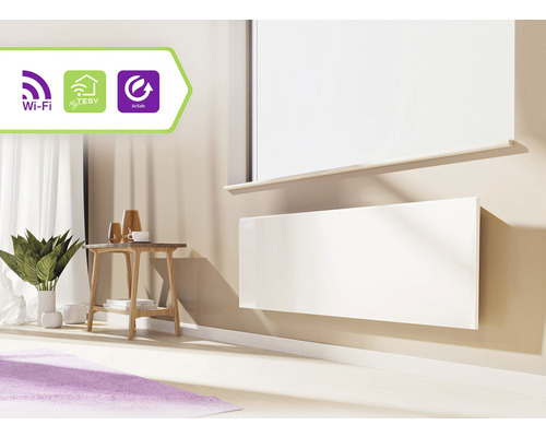 Cameră de zi cu radiator, masă și decorațiuni și logo-uri pentru WiFi, MyTesy și AirSafe