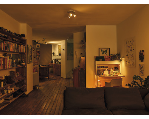 Cameră de zi cu bibliotecă, birou și acces la bucătărie.