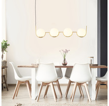 Masa de sufragerie cu lampă suspendată cu patru lumini și scaune albe