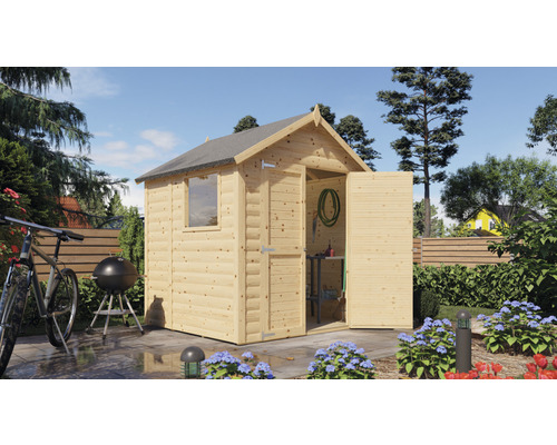 Cabină de grădină din lemn cu uși deschise, fereastră și unelte