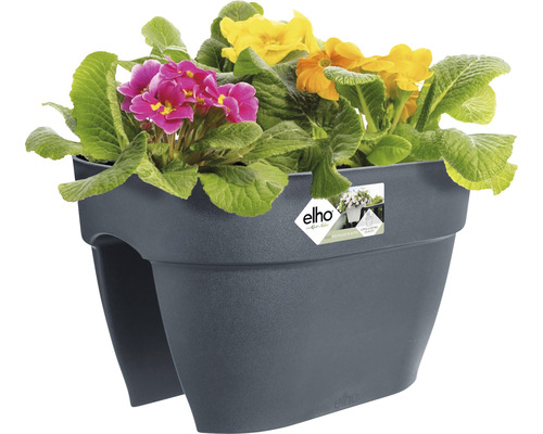 Jardinieră de balcon gri închis cu plantări de sezon.