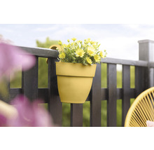 Jardinieră de balcon galbenă cu flori galbene pe balustradă