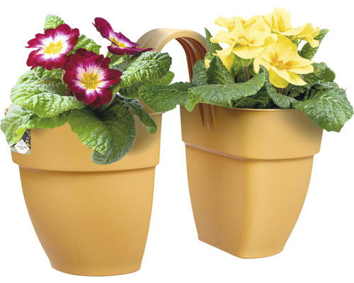 Jardinieră dublă cu primule galbene și roșii