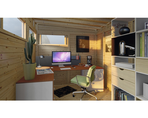 Birou luminos cu lambriuri din lemn, birou, scaun de birou și raft