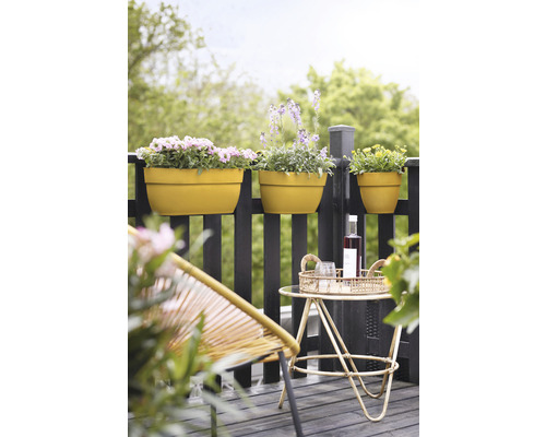 Scenă cu jardiniere pe o balustradă, o măsuță laterală cu băuturi și un scaun.