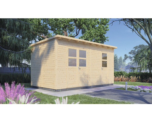 Cabină de grădină din lemn cu ferestre și ușă în grădină