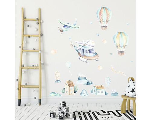 Cameră pentru copii cu autocolant de perete cu avion, balon cu aer cald și casă