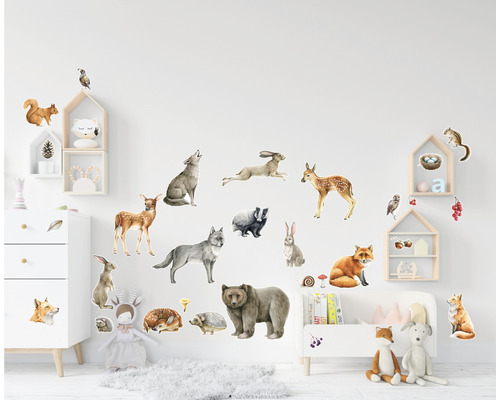 Cameră decorativă pentru copii cu autocolante de perete cu animale sălbatice, cum ar fi urs, vulpe, iepure și cerb