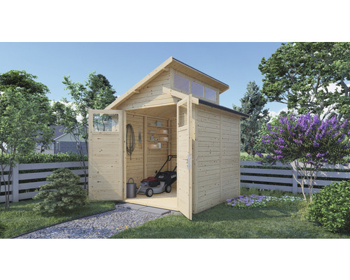 Cabină de grădină din lemn cu uși duble și ferestre de mansardă în grădină cu unelte de grădină.