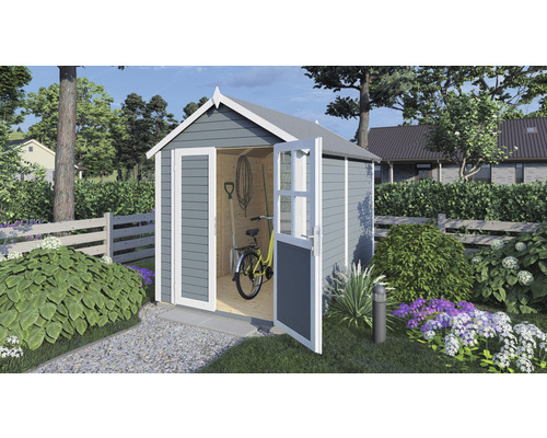 Magazie grădină Konsta Fino 2 pentru scule cu podea 181x239 cm gri deschis Cabină de grădină cu ușa deschisă, care conține o bicicletă și unelte de grădină.