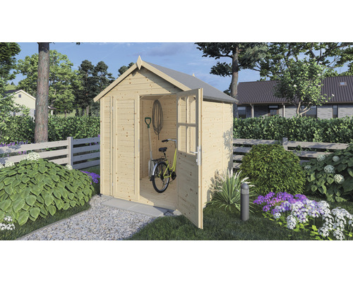 Magazie grădină Konsta Fino 1 pentru scule cu podea 181x175 cm lemn natural Scenă de grădină cu magazie de scule din lemn, unelte de grădinărit și o bicicletă