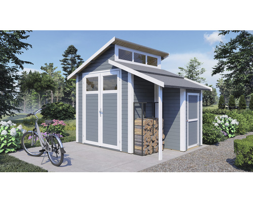 Cabină de grădină cu biciclete și suport pentru lemn în grădină.