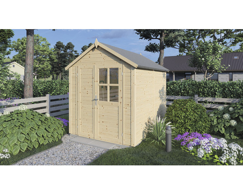 Magazie grădină Konsta Fino 2 pentru scule cu podea 181x239 cm lemn natural Scenă de grădină cu căsuță de grădină din lemn cu fereastră și ușă dublă