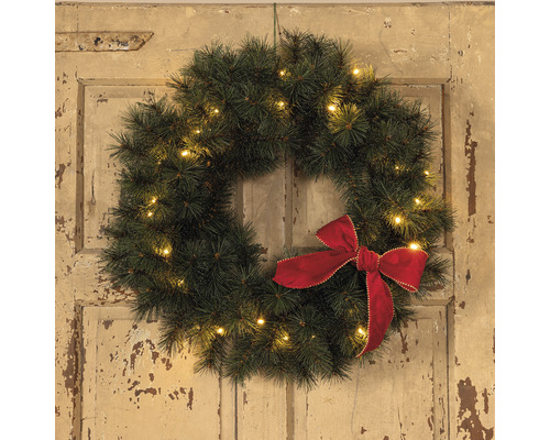 Coroană de Crăciun cu fundă și iluminare