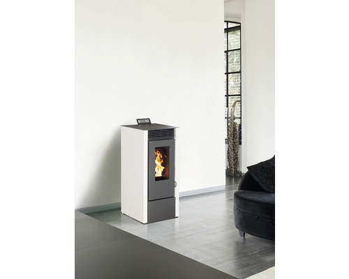 Șemineu pe peleți în camera de zi cu foc vizibil în spatele panoului de sticlă