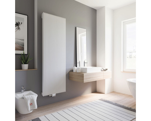 Baie modernă cu calorifer, lavoar, oglindă, bideu și covor