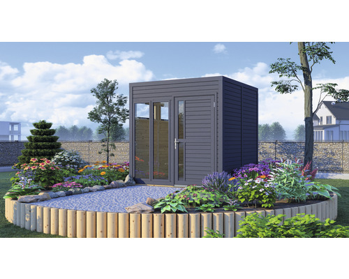 Căsuță de grădină Bertilo Cubo 2 Office cu podea 226x240 cm gri antracit Cabină de grădină cu ușă dublă într-o grădină amenajată