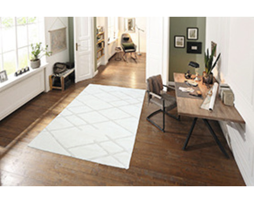 Cameră de zi cu covor deschis la culoare cu model geometric pe podea de lemn