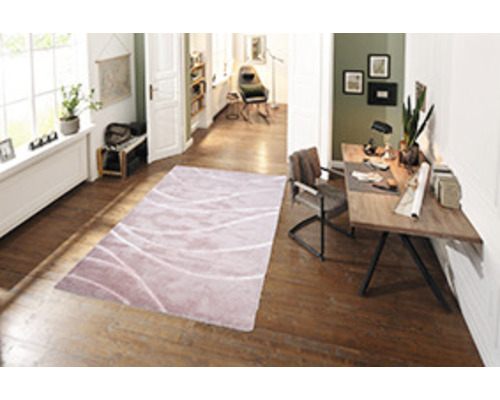 Vedere a unei sufragerii cu un covor cu model pe o podea din lemn, un birou și scaune