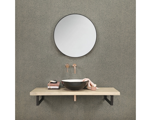 Baie cu oglindă rotundă, lavoar aplicat, blat de lavoar și baterii